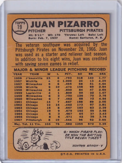 1968 Topps Baseball card of Juan Pizarro, pitcher for the Pittsburgh Pirates