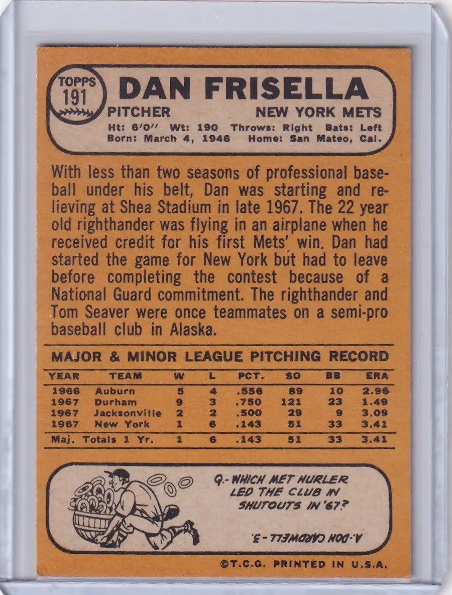 1968 Topps Baseball card of Danny Frisella, pitcher for the New York Mets