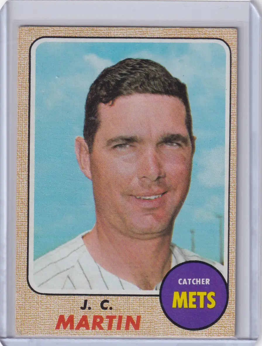 Baseball card of smiling J.C. Martin, catcher for the New York Mets, Topps Baseball collectible