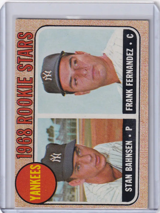 1968 Topps Baseball card featuring Yankees rookies Stan Bahnsen and Frank Fernandez