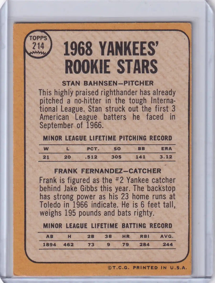 Vintage Topps Baseball card featuring Yankees Rookies Stan Bahnsen and Frank Fernandez