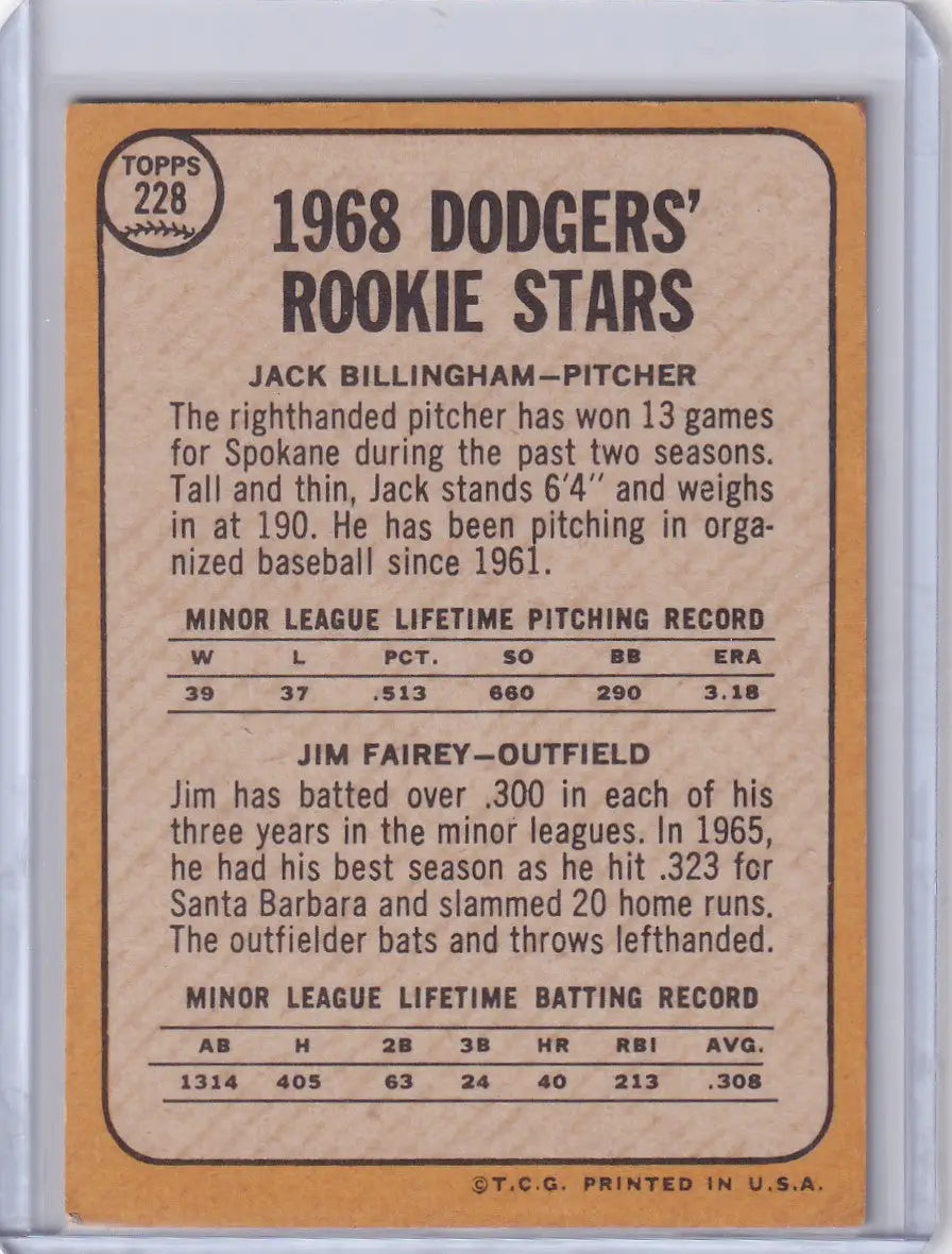 1968 Topps Baseball #228 Dodgers Rookies card featuring Jack Billingham and Jim Fairey