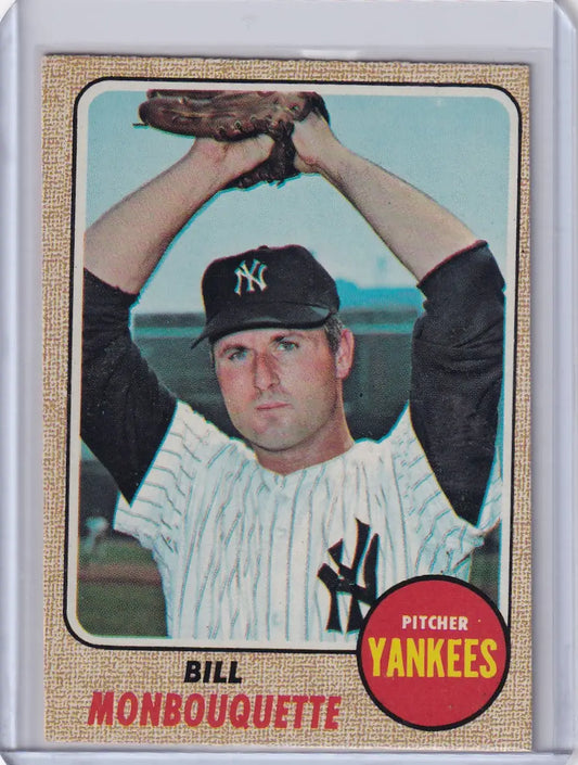 1968 Topps Baseball card of Bill Monbouquette, New York Yankees pitcher in action