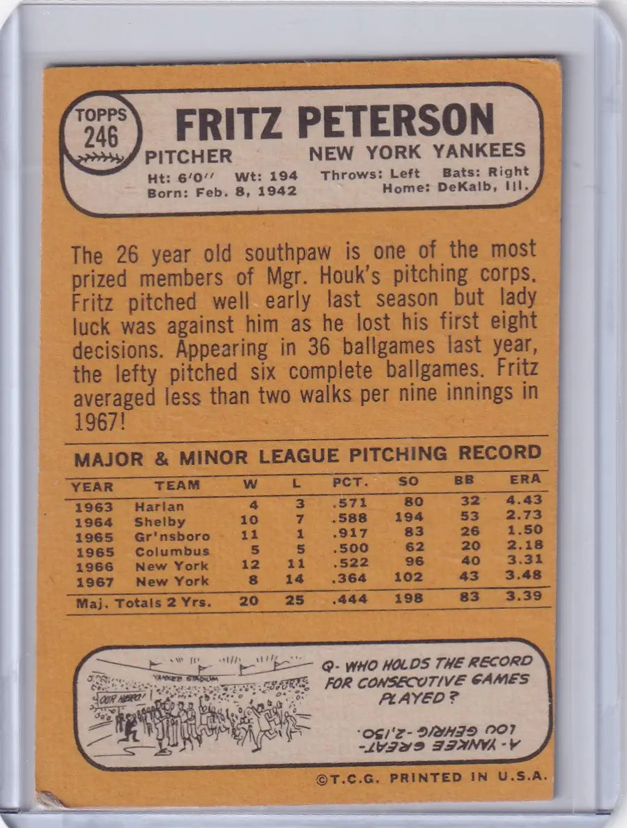 1968 Topps Baseball card of Fritz Peterson from the New York Yankees team