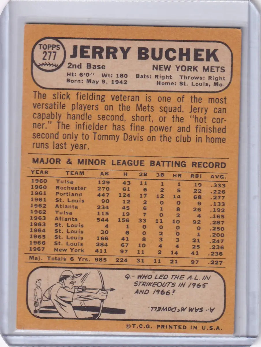 1968 Topps Baseball card of Jerry Buchek showcasing New York Mets statistics