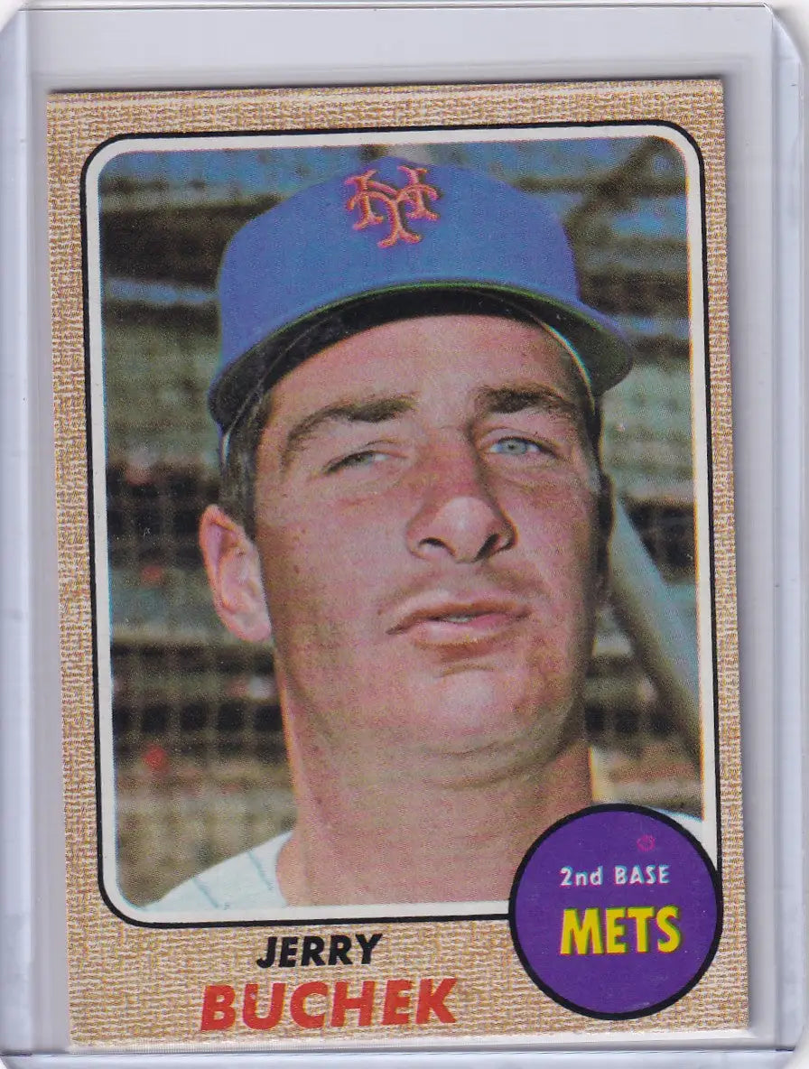 1968 Topps Baseball card of Jerry Buchek featuring New York Mets player in blue cap