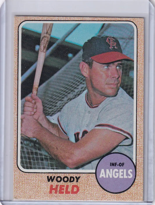 1968 Topps Baseball card of Woodie Held in batting stance for California Angels