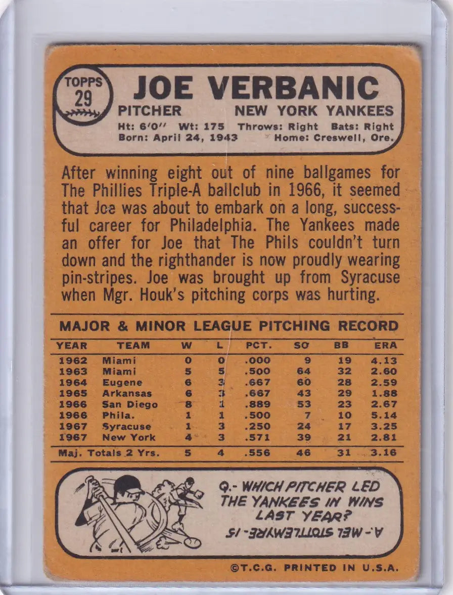 Baseball card of Joe Verbanic, New York Yankees, from 1968 Topps Baseball series