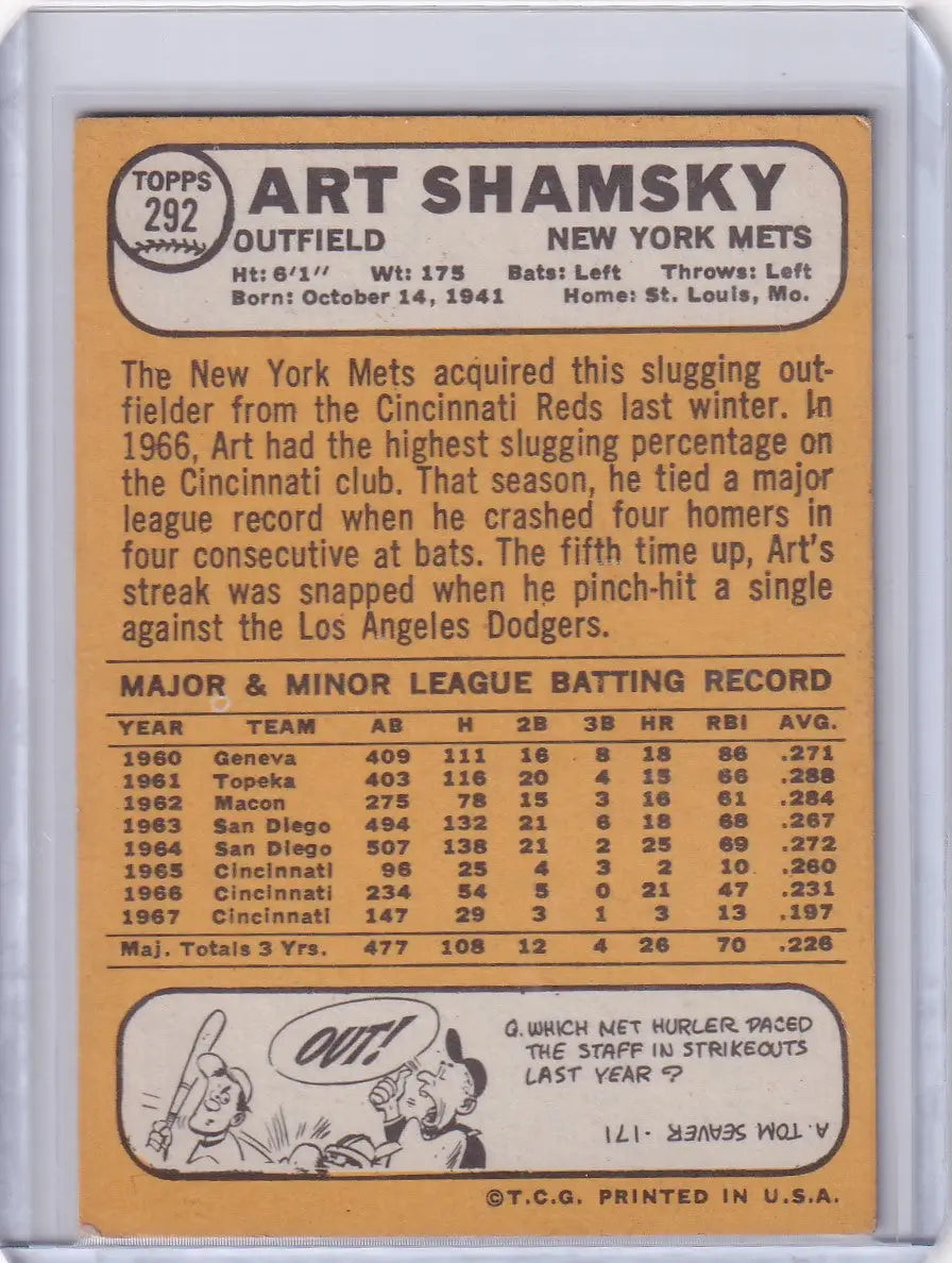 Topps Baseball card of Art Shamsky from the New York Mets 1968 set