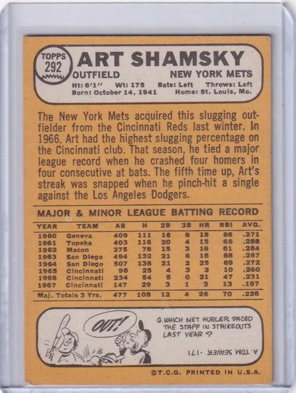 Topps Baseball card of Art Shamsky from the New York Mets 1968 set