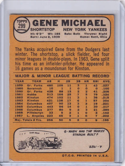 1968 Topps Baseball card of Gene Michael, showcasing his stats with the New York Yankees