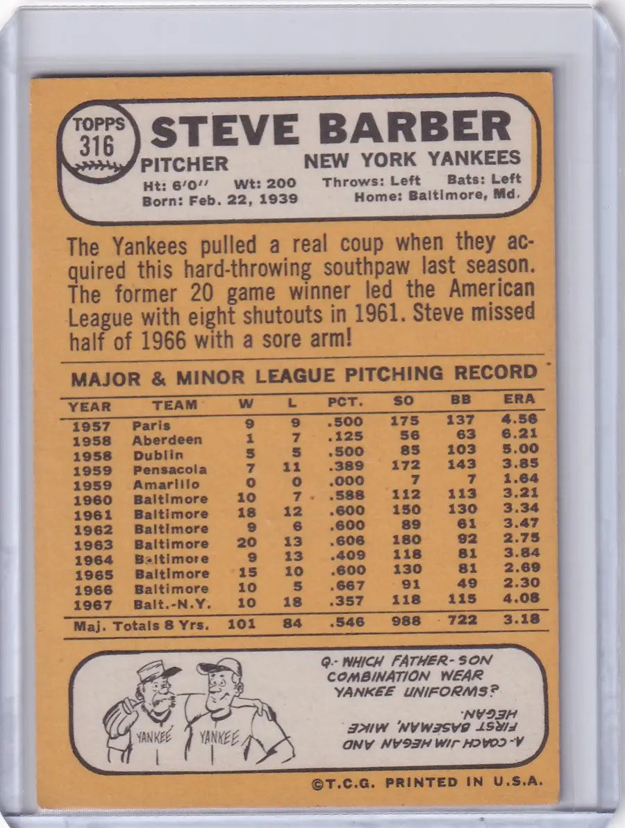 1968 Topps Baseball card of Steve Barber from the New York Yankees collection