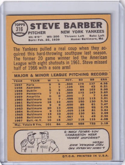 1968 Topps Baseball card of Steve Barber from the New York Yankees collection