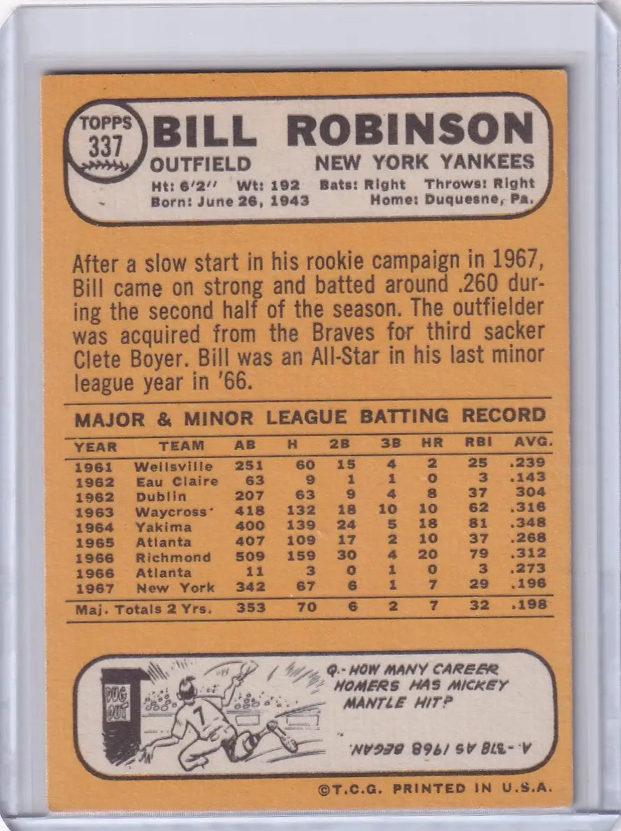 Bill Robinson 1968 Topps Baseball card featuring New York Yankees stats and biography