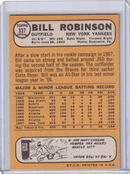 Bill Robinson 1968 Topps Baseball card featuring New York Yankees stats and biography