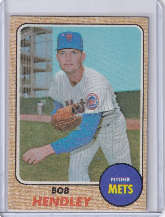 1968 Topps Baseball card of Bob Hendley, New York Mets pitcher in throwing stance