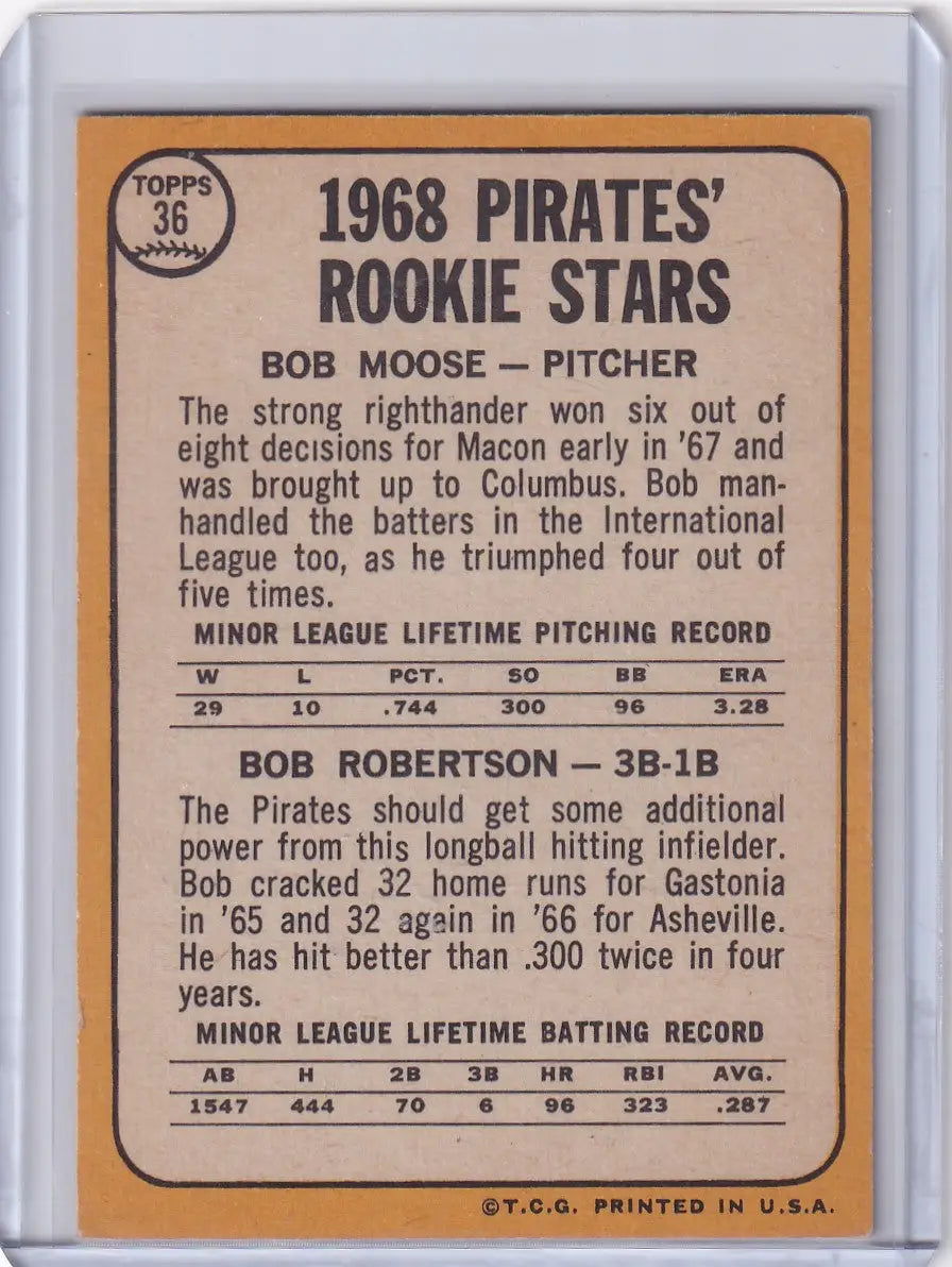 Vintage 1968 Topps Baseball card featuring Pirates Rookies Bob Moose and Bob Robertson