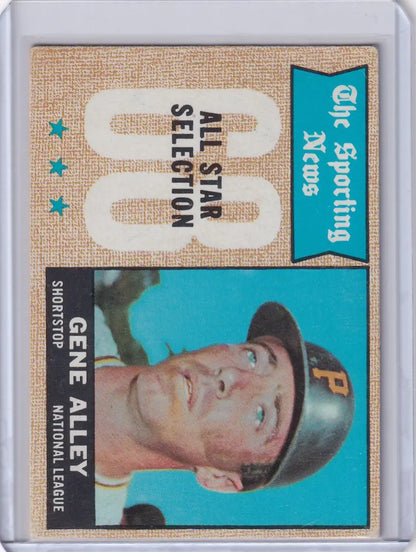 Baseball card of Gene Alley wearing a Pittsburgh Pirates cap from 1968 Topps Baseball