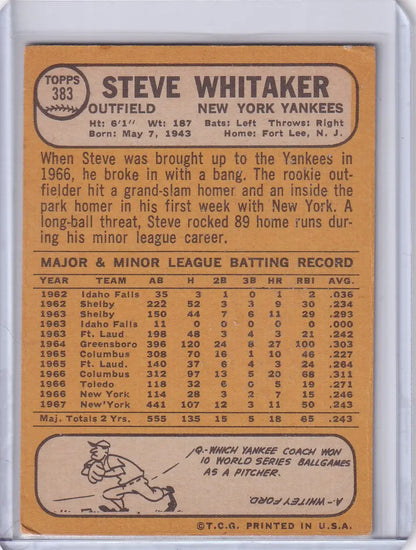 1968 Topps Baseball card of Steve Whitaker from the New York Yankees collection