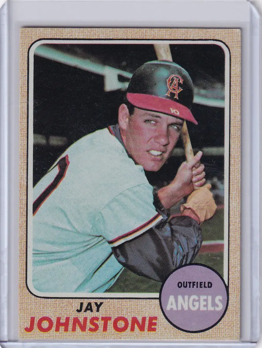 1968 Topps Baseball card of Jay Johnstone in batting stance for California Angels