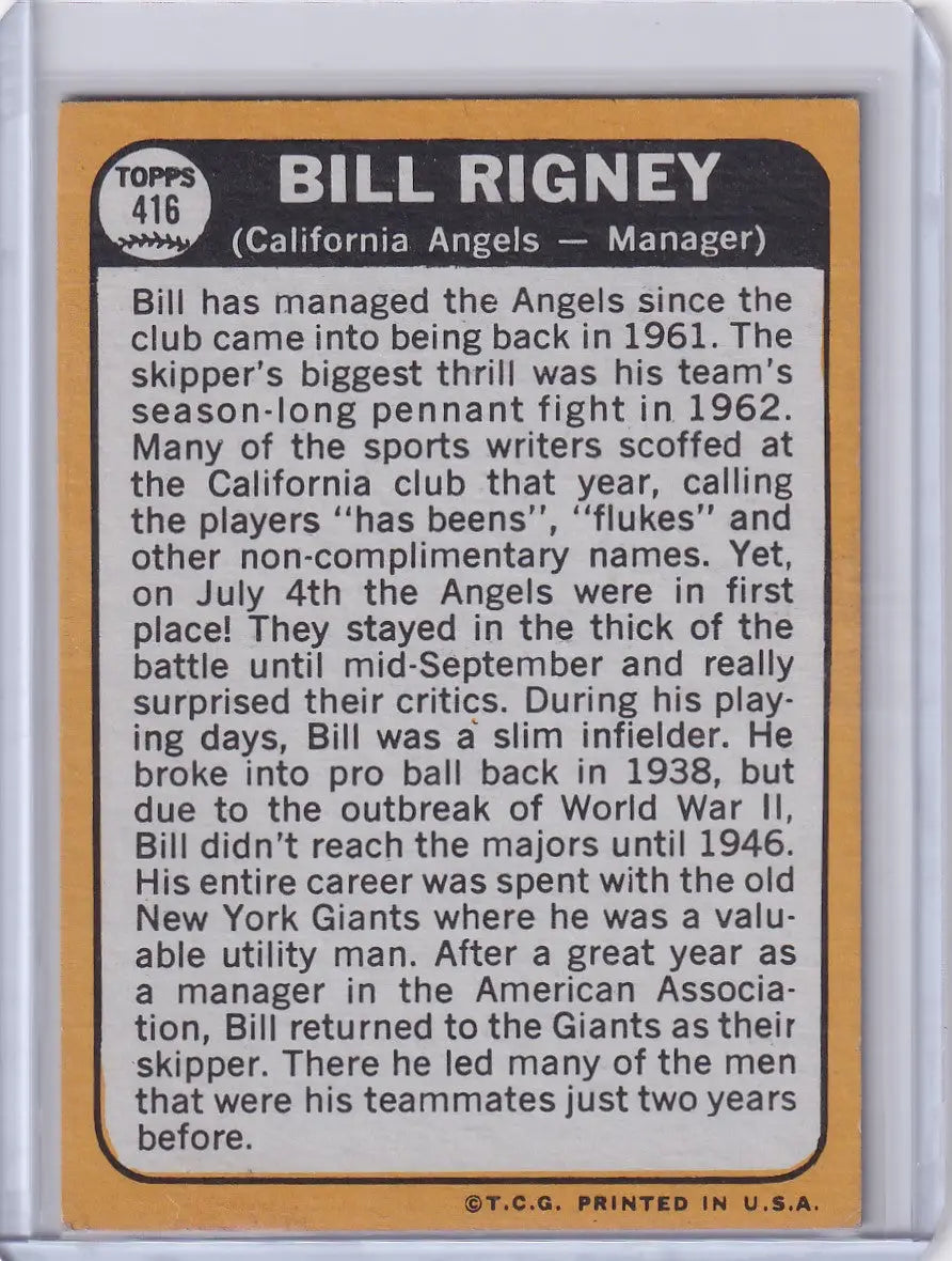 Topps Baseball card of Bill Rigney, California Angels manager, featuring biographical details