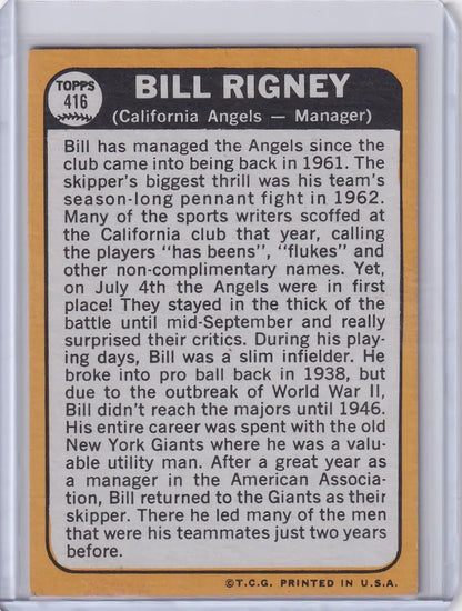 Topps Baseball card of Bill Rigney, California Angels manager, featuring biographical details