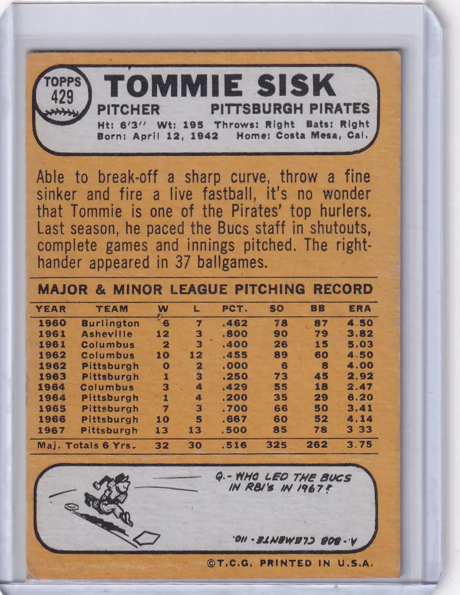 1968 Topps Baseball card featuring pitcher Tommie Sisk of the Pittsburgh Pirates