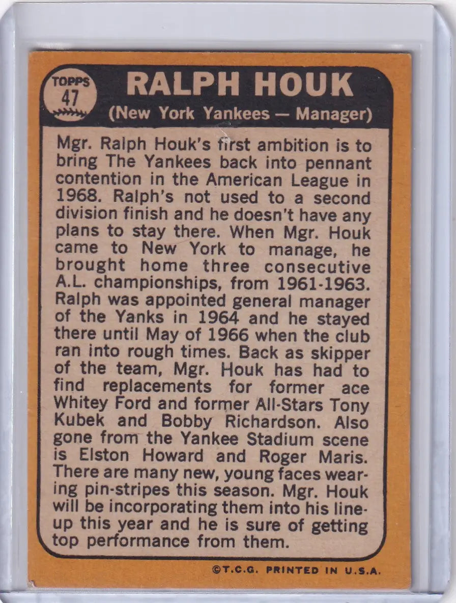 Baseball card featuring Ralph Houk, manager of the New York Yankees from Topps Baseball