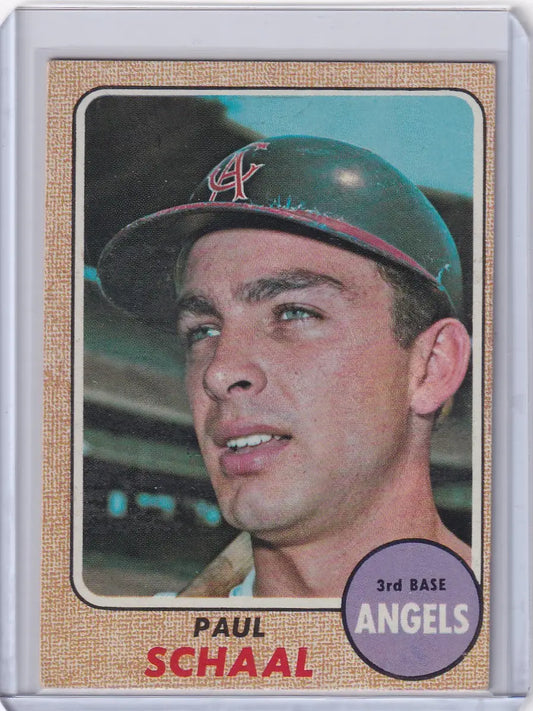 Baseball card of Paul Schaal from Topps Baseball, California Angels in green cap