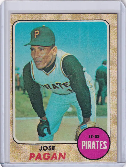 1968 Topps Baseball card of Jose Pagan in pitching stance for Pittsburgh Pirates