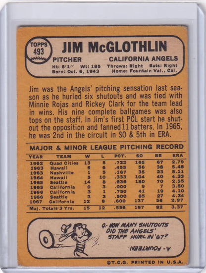 1968 Topps Baseball card of Jim McGlothlin, pitcher for the California Angels