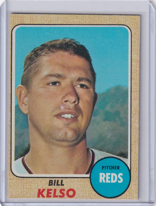 1968 Topps Baseball trading card of Bill Kelso, pitcher for the Cincinnati Reds