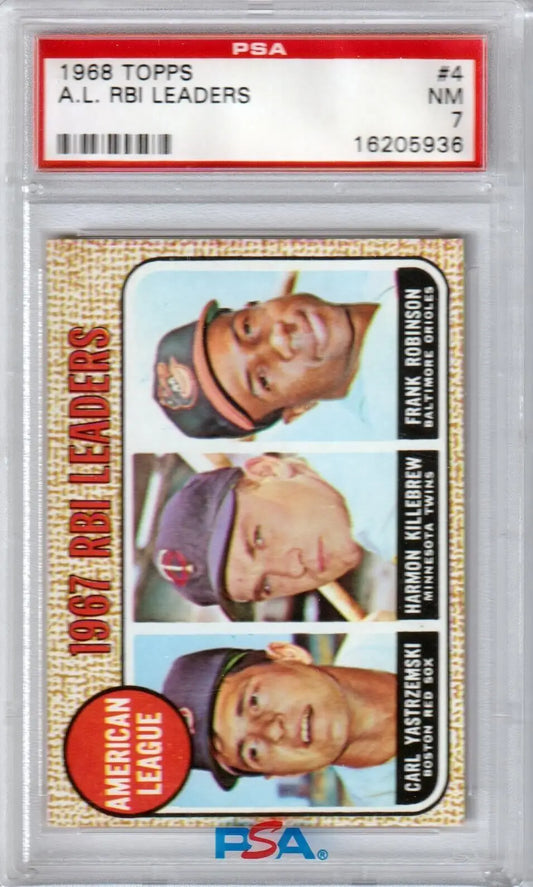 1968 Topps Baseball Card featuring RBI Leaders Killebrew, Yastrzemski, Robinson in PSA 7 case