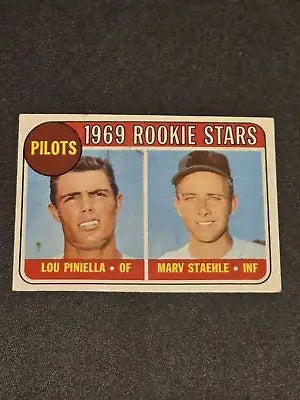 1969 Topps #394 Rookie Stars baseball card featuring Lou Piniella and Marv Staehle