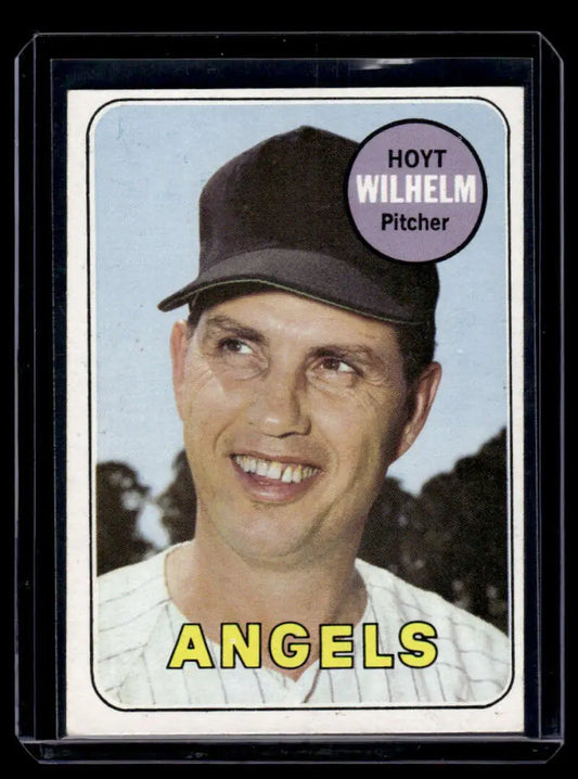 Vintage 1969 Topps Hoyt Wilhelm California Angels baseball card with black cap and smile