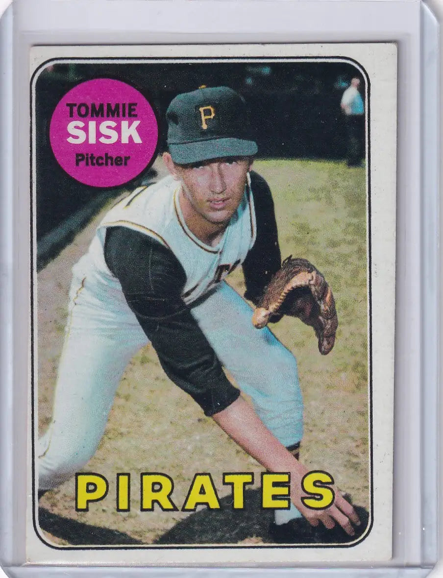 1969 Topps Baseball card of Tommie Sisk, Pittsburgh Pirates pitcher in uniform