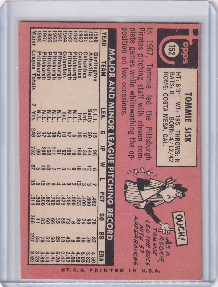 Back of 1969 Topps Baseball #152 Tommie Sisk card with player stats and illustration