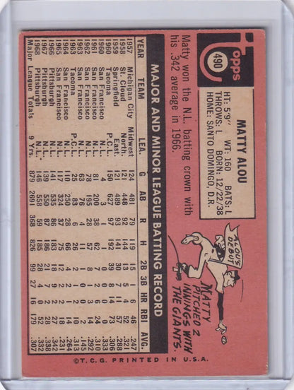 1969 Topps Baseball #490 Matty Alou card showcasing player stats and a cartoon image