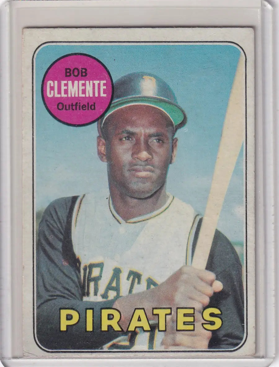 Vintage 1969 Topps Baseball card of Roberto Clemente with Pittsburgh Pirates bat