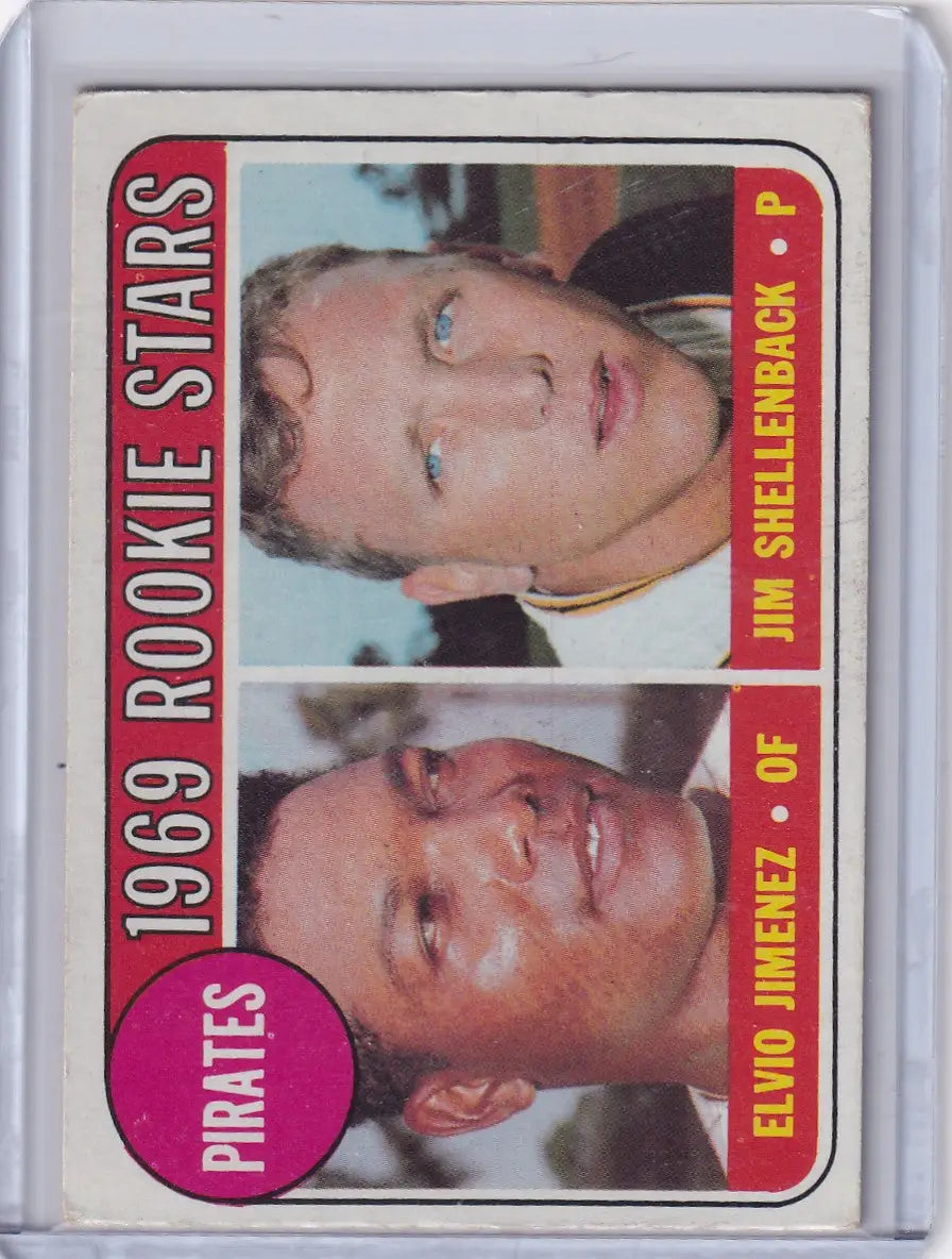 1969 Topps Baseball card showcasing Elvio Jimenez and Jim Shellenback, Pirates Rookies