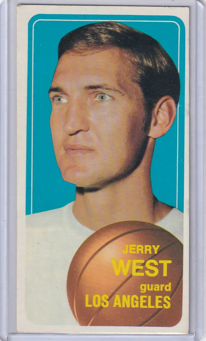 Vintage Topps Basketball card of Jerry West from the Los Angeles Lakers on turquoise background