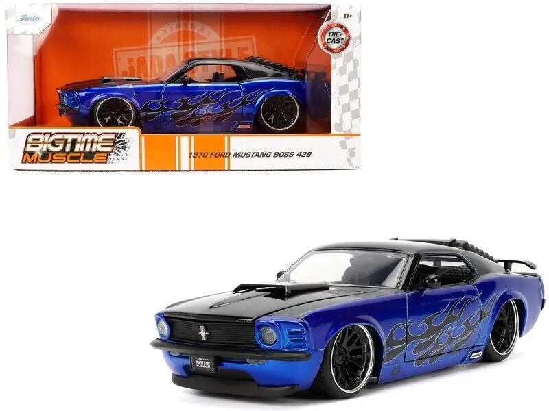 Blue 1970 Ford Mustang Boss 429 diecast model with flames from Bigtime Muscle collection