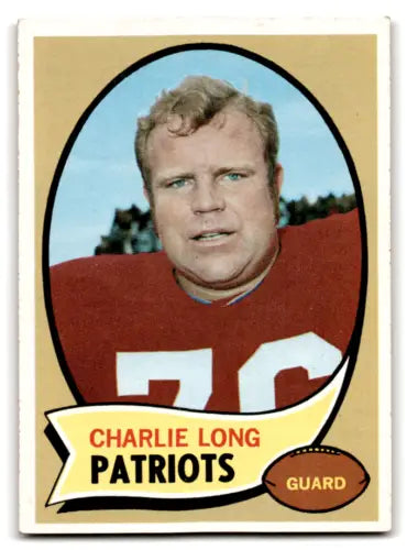 Vintage Charlie Long football card from 1970 Topps in excellent condition for Patriots fans