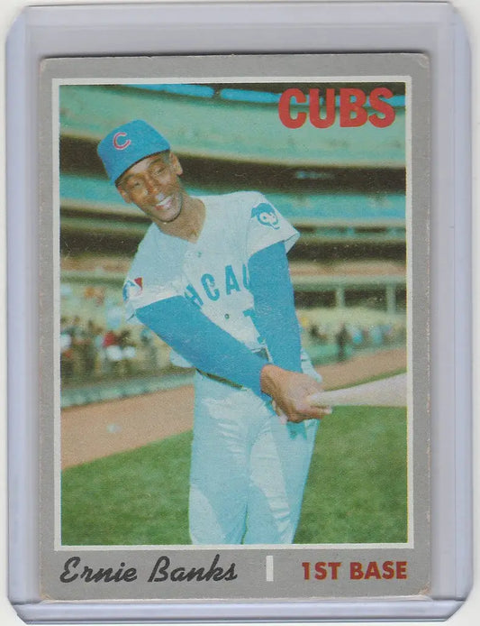 Baseball card of Ernie Banks Chicago Cubs player in light blue uniform and cap