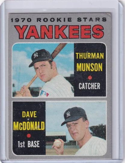 1970 Topps Baseball #189 Yankees Rookies card featuring Thurman Munson and Dave McDonald