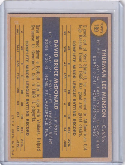 Back side of a 1970 Topps Baseball card with player stats for Yankees Rookies Thurman Munson