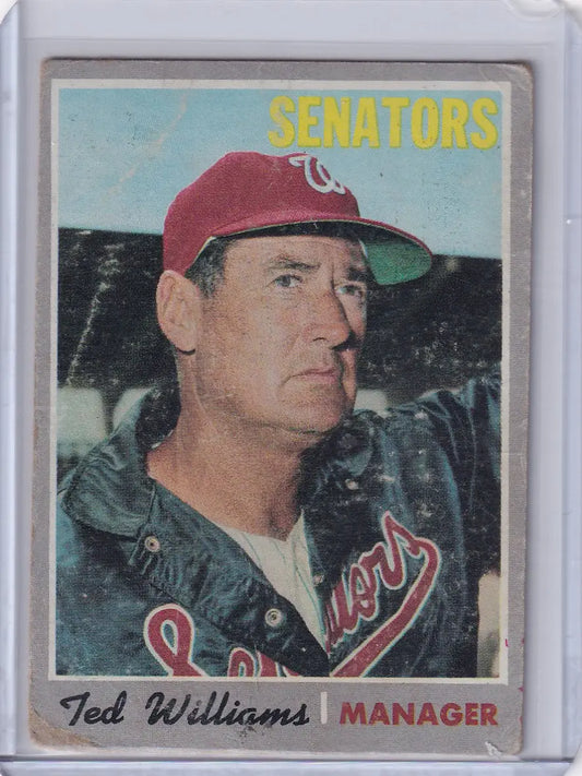 Baseball card of Ted Williams as manager of Washington Senators in red cap, Topps Baseball