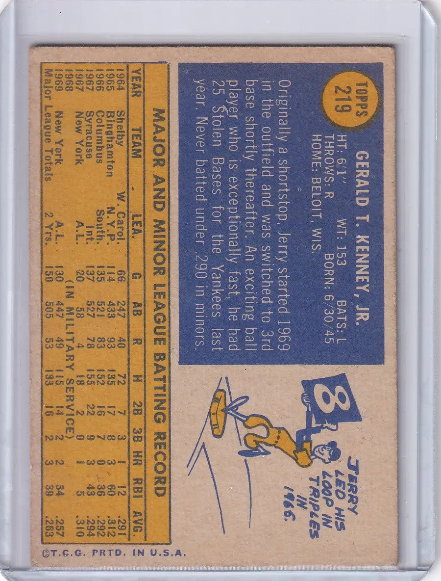 Back of 1970 Topps Baseball #219 Jerry Kenney card with statistics and illustration