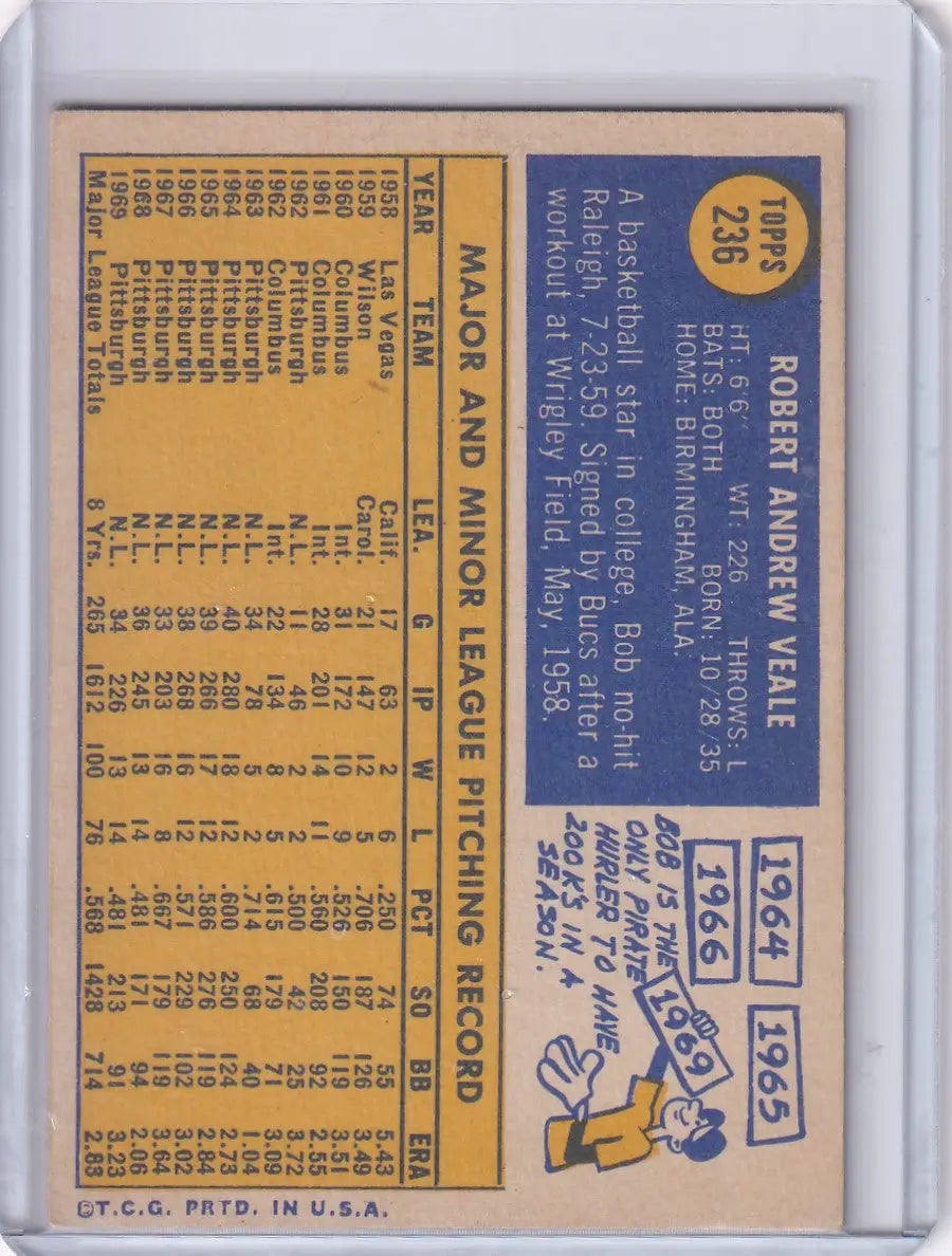 Back side of 1970 Topps Baseball #236 Bob Veale card with Pittsburgh Pirates stats