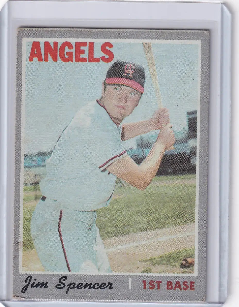 1970 Topps Baseball card of Jim Spencer, first baseman for California Angels, batting